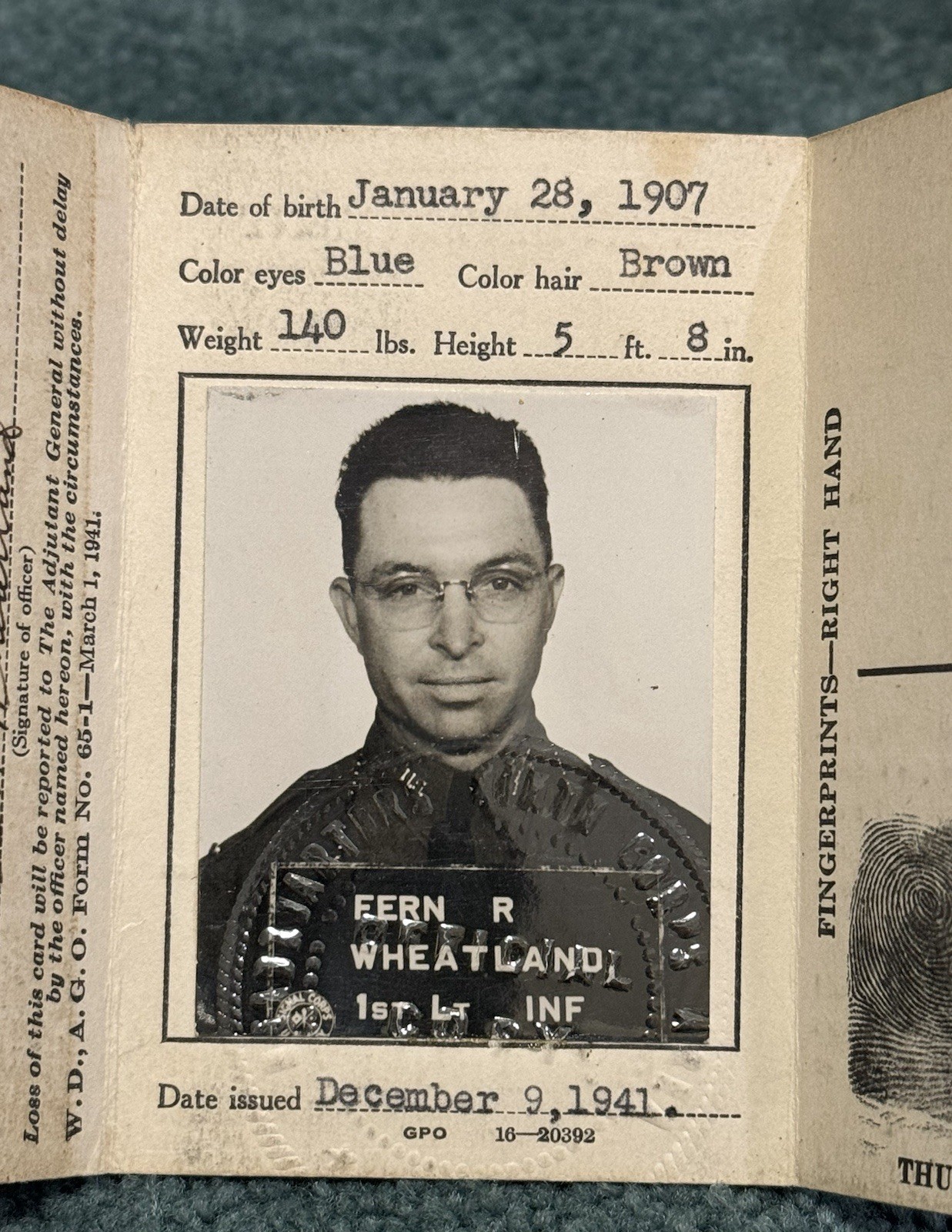 Original WWII US Army Infantry Officers 1941 ID Card With 2 Other Cards