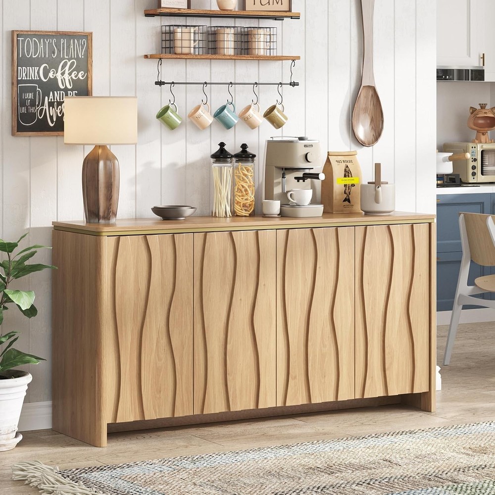 Fluted Buffet Cabinet with Storage, 3D Ripple Pattern Doors and Curved