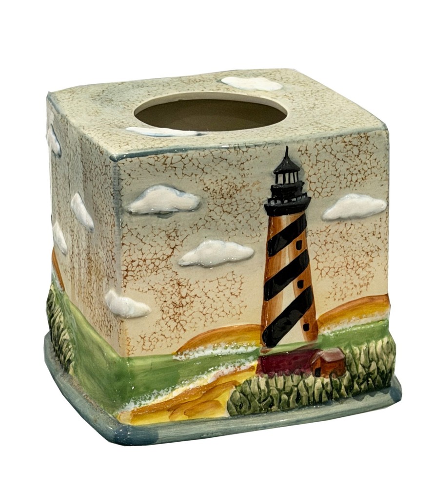 Lighthouse Tissue Box Cover Ceramic 3D Beach Nautical Coastal