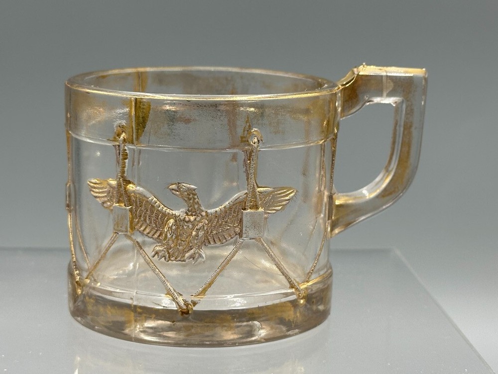 1909 Pair Mug EAGLE DRUM Cup Glass CANDY CONTAINER Antique E&A 543