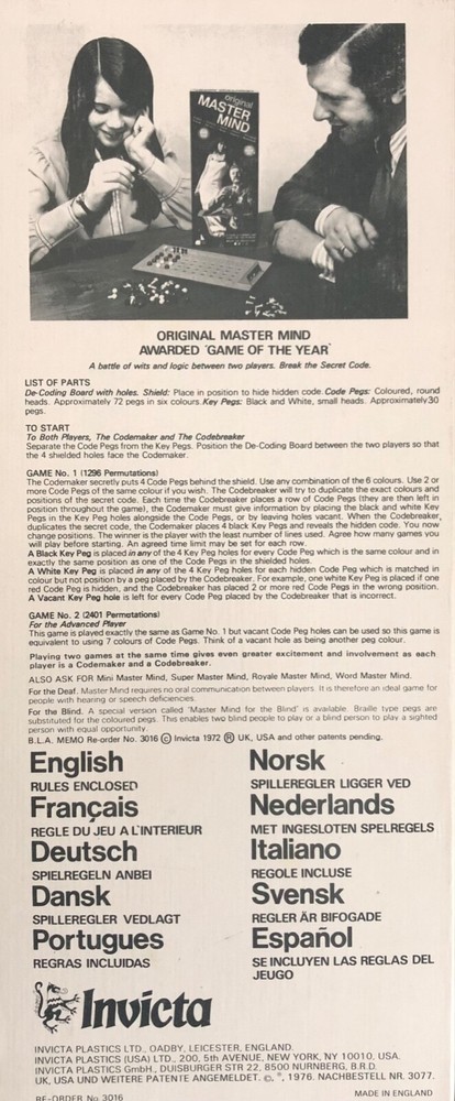 Mastermind & Super MM Replacement Code and Key Pegs Invicta Vintage 1972 - 1976