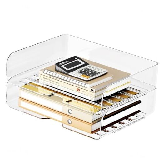 Desk Letter Tray Set, A4 Size Clear PET Stackable 2x Landscape Transparent
