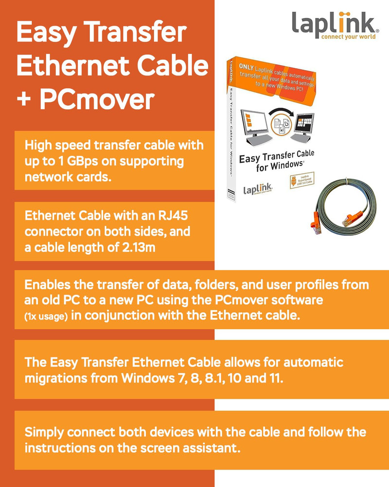 Easy Transfer Cable, Includes Pcmover Express Data Transfer Software and High Sp