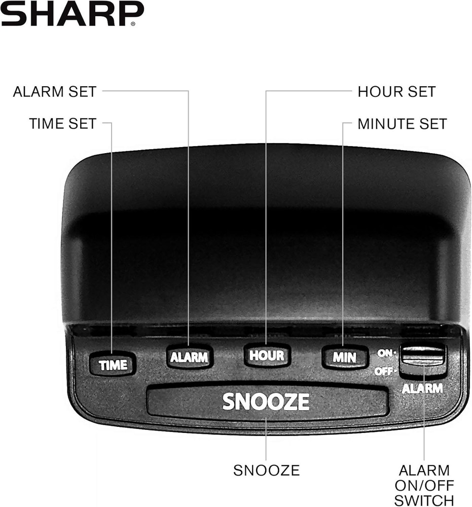 Sharp Digital Alarm Clock with Keyboard Style Controls, Battery Small, Black