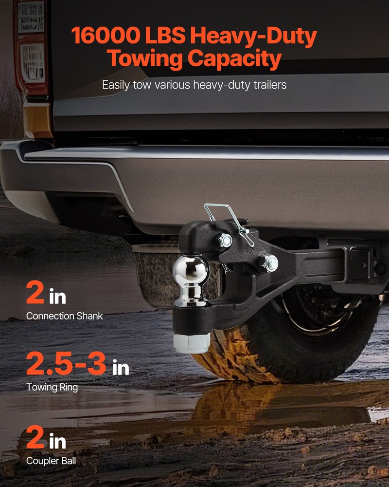 Pintle Hitch 2 inches Receiver Hook for 2.5 to 3 inches Lunette Ring 16000 lbs