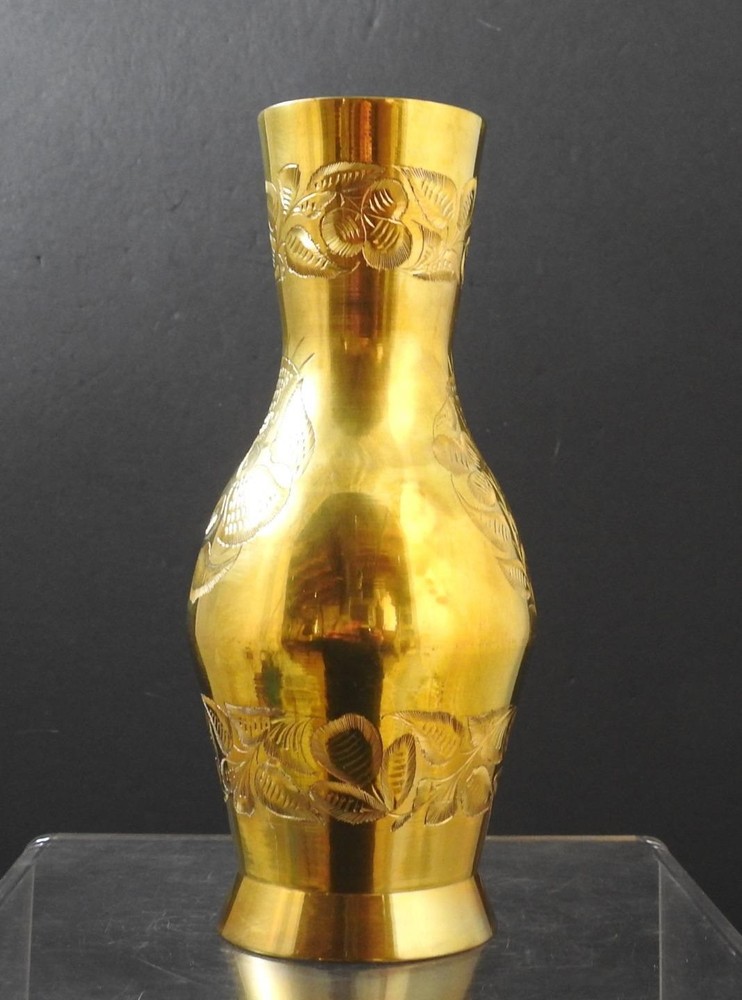 Vintage Solid Brass Etched Leaf Design Vase Numbered India 10" W13