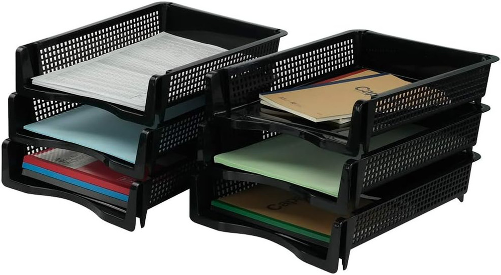 6-Pack Black Plastic Stackable Paper Tray/Basket, Stackable Office Lletter Organ