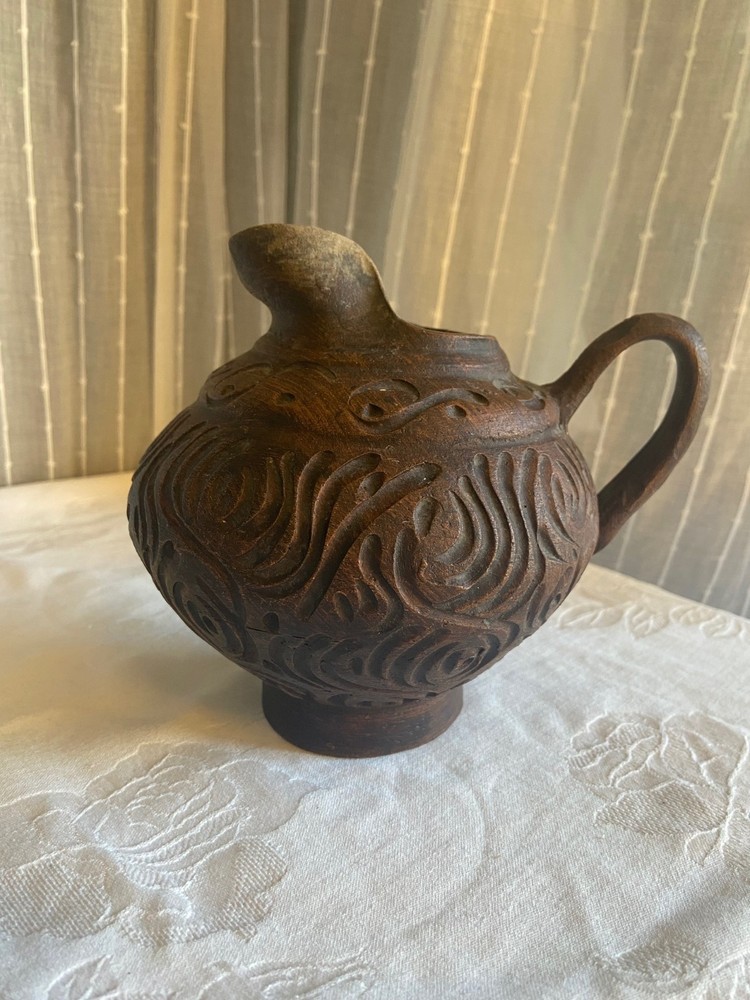Clay Carved Small Pitcher from China Scrollwork Design 6 inches high