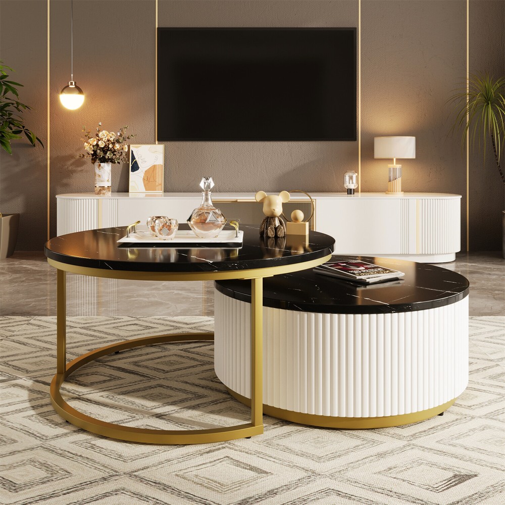 Modern Round Nesting Coffee Table Center Cocktail Table End Table with Drawers