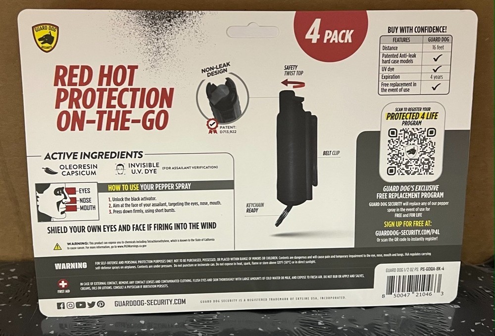Guard Dog Security Quick Action Pepper Spray - 4 Pack - Model: PS-GDQA-BK-4 NEW