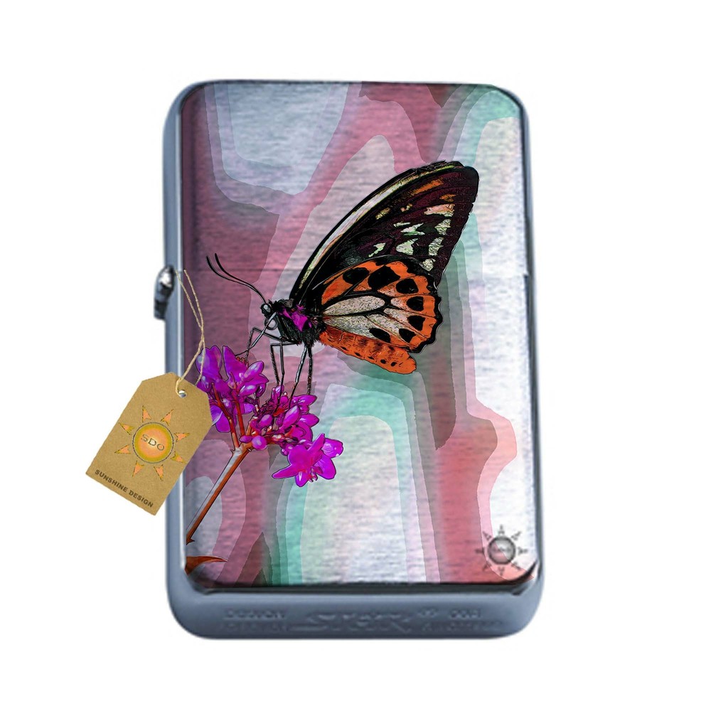 Butterfly Flowers Pocket Lighter Silver Refillable