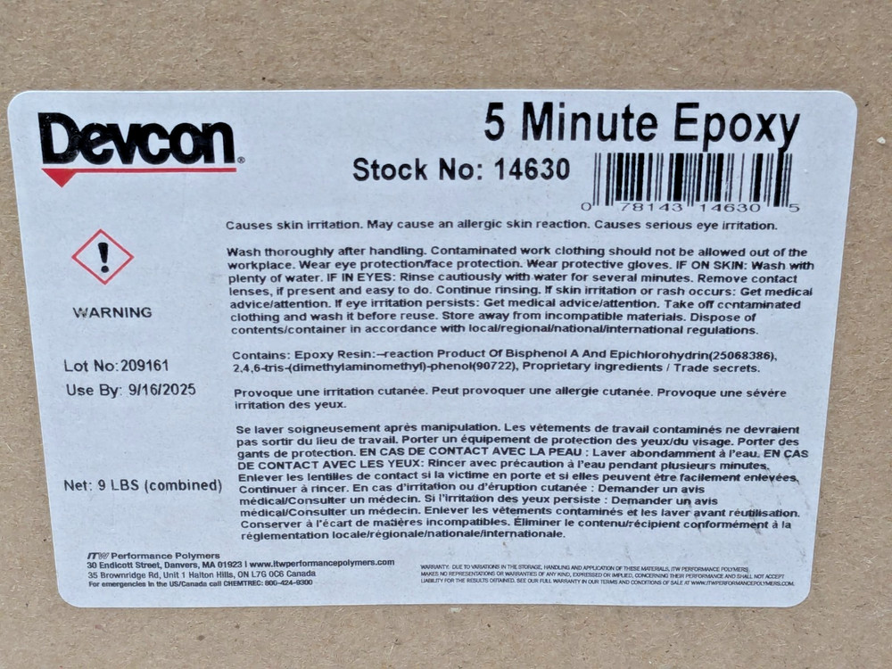 Devcon ITW Performance Polymers 5 Minute Epoxy Kit 9 Lb Container 14630