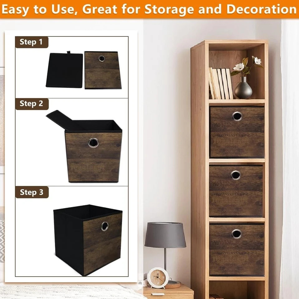4 Pack Durable Storage Cube Bins with Wood Grain Thickened Fabric Box Baskets