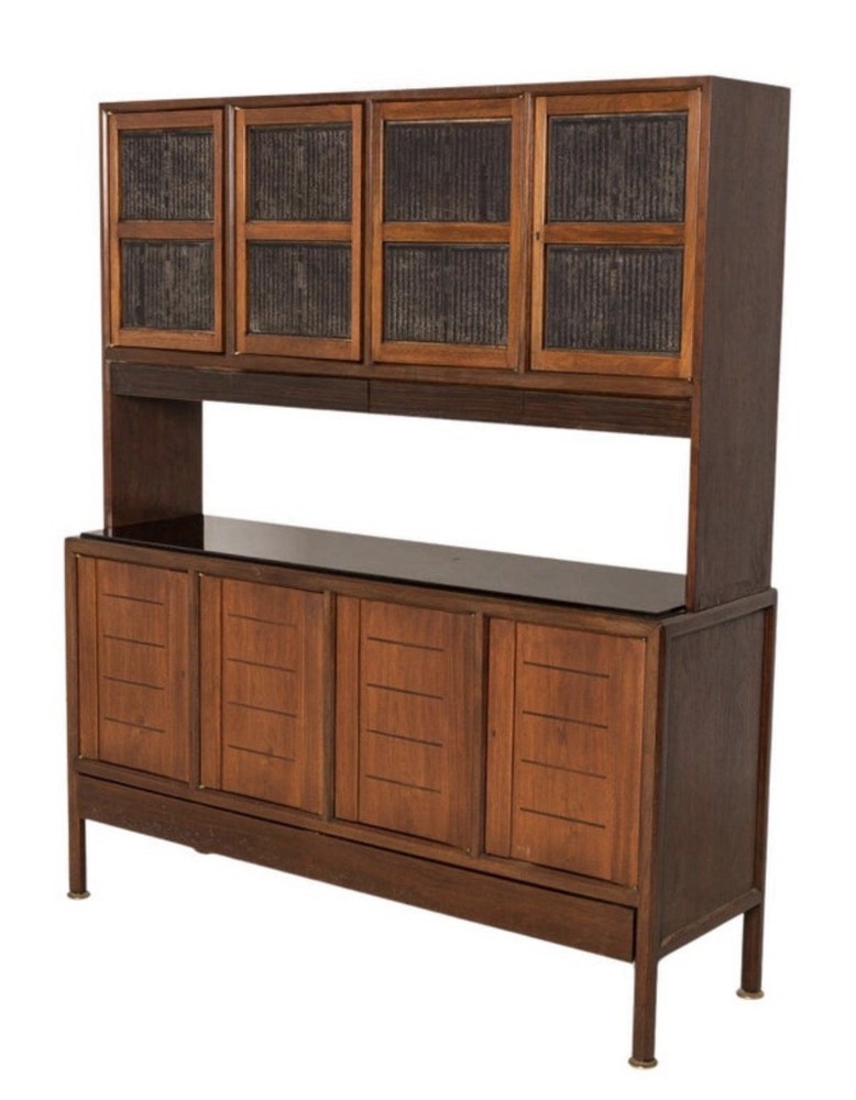 Dunbar Walnut Two Part Sideboard Credenza Breakfront Carved Slate Inserts