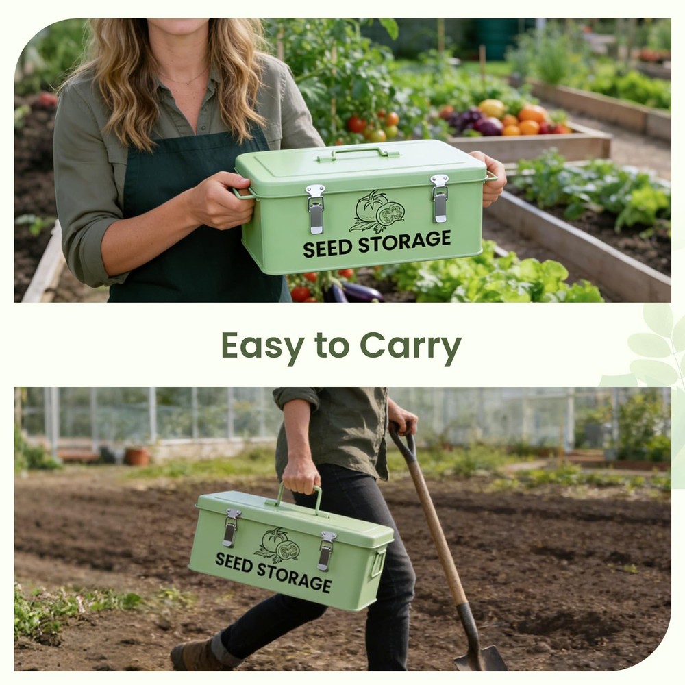 Seed Storage Organizer Box, Metal Seed Box, Garden Seed Organizer with Lid, S...