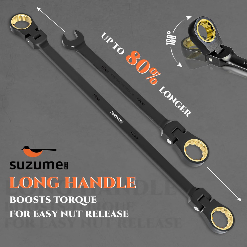 Extra Long Flex Head Ratcheting Wrench Set 6PCS (8-19Mm) Double Box End Metric E