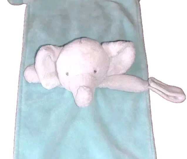 Carter's Grey Rattle ELEPHANT Blue Soft Plush Security Blanket Pacifier Holder