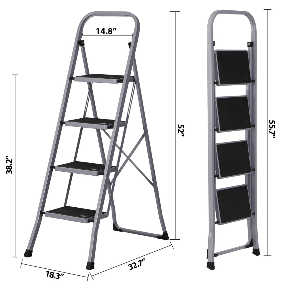4 Step Ladder Folding Step Ladder for Kitchen Garage Library and Home Grey