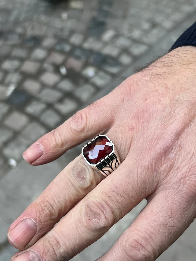 Men Ruby Red Stone Ring 925 Sterling Silver Ottoman Handmade Gift For Him