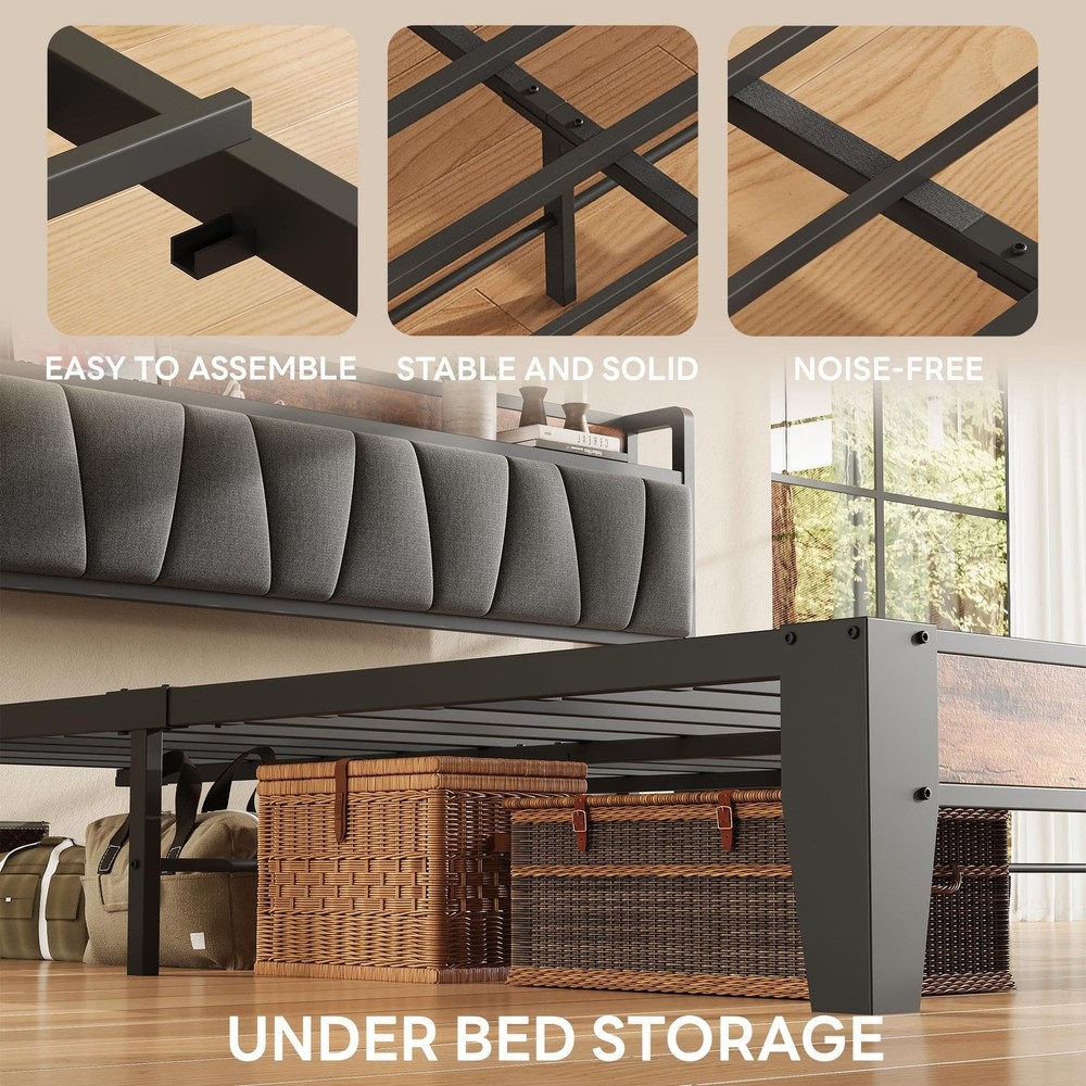 LIKIMIO Queen Bed Frame, Storage Headboard with Charging Station, Solid and S...