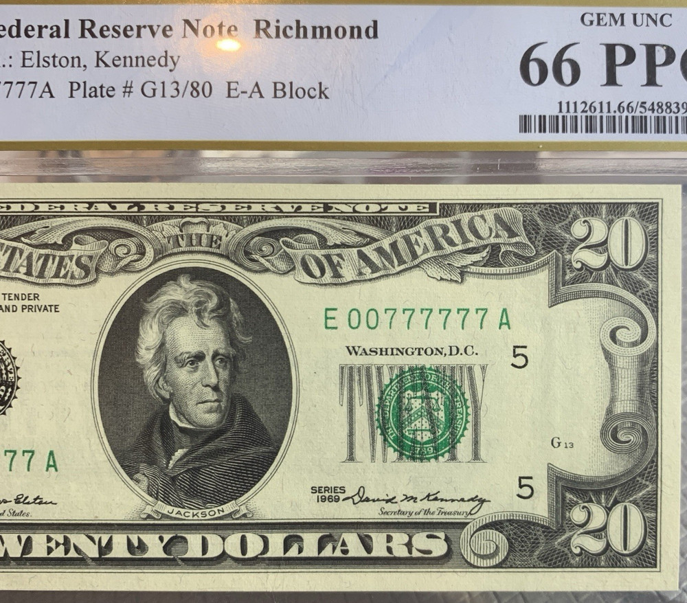 ♚♚Fancy Solid Serial Number♚♚ PCGS 66 PPQ $20, 1969