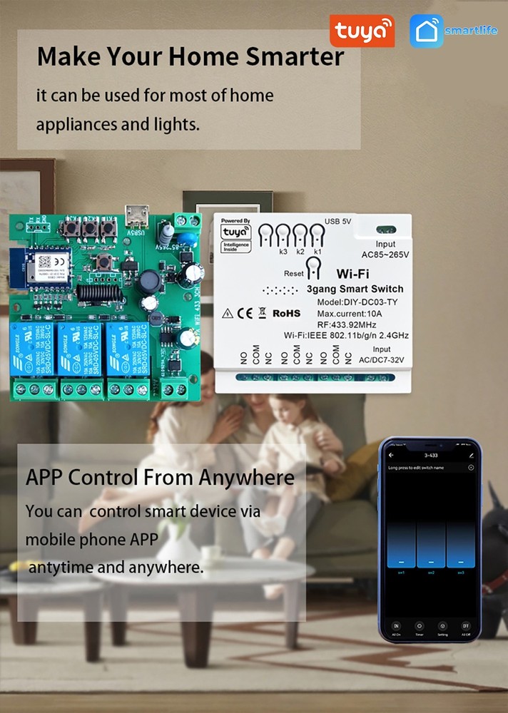 Tuya WIFI+RF433 3-Channel 5V12V Module Remote Voice Control Smart Switch Alexa