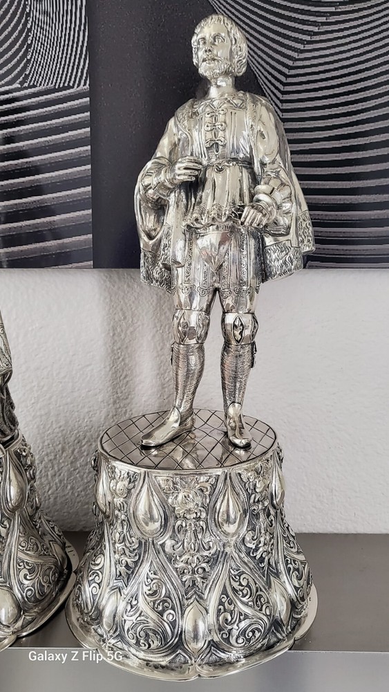 EXEPTIONAL PAIR EXTRA LARGE ANTIQUE HANAU GERMAN SILVER FIGURAL DECANTERS CA1880