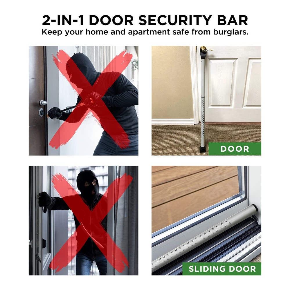 Sliding Door Security Bar, Jammer 2-in-1 Adjustable, 2 Pack, White