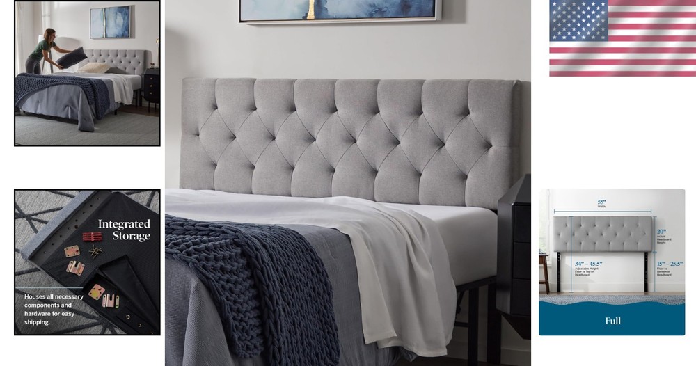 Upholstered Headboard Mid-Rise Diamond Tufted Full Wall Mount Soft Fabric
