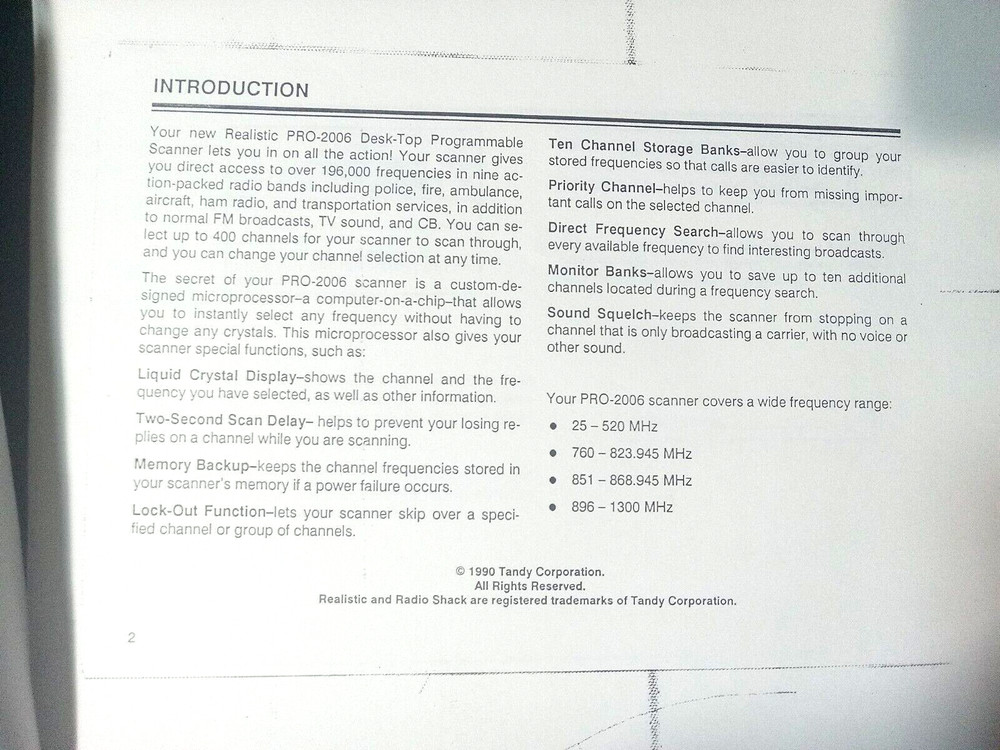 RADIO SHACK PRO-2006 INSTRUCTION OPERATING MANUAL 1990