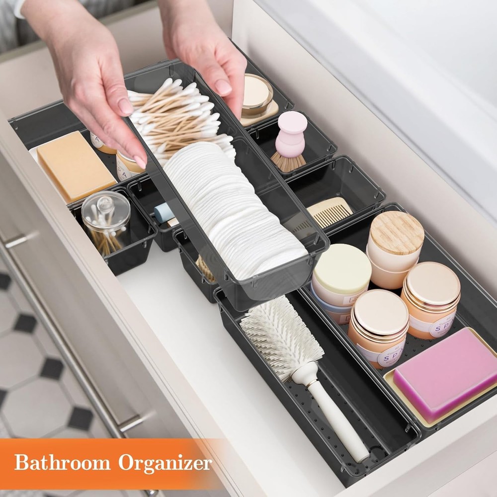 25 PCS Plastic Drawer Organizer Set, 4-Size Versatile Clear Black