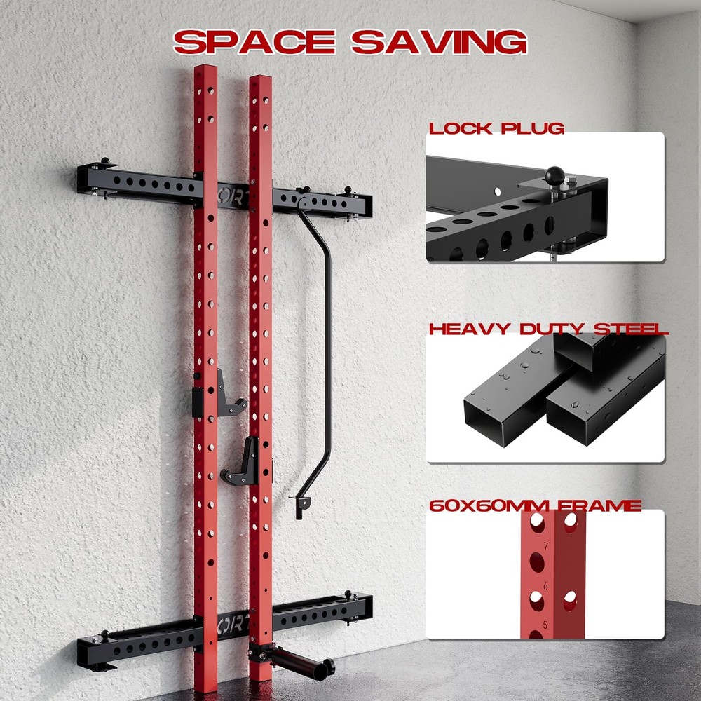 Foldable Squat Rack 1000 LBS Space-Saving with Pull Up Bar & J Hook & Landmine