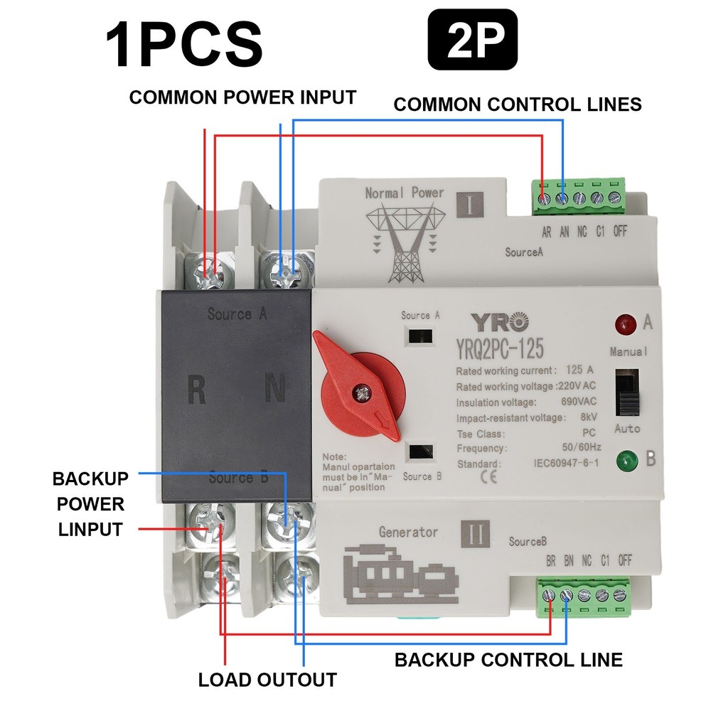AC 220V Transfer Switch Kit,Transfer Switch Changeover Switch 125A 50/60Hz