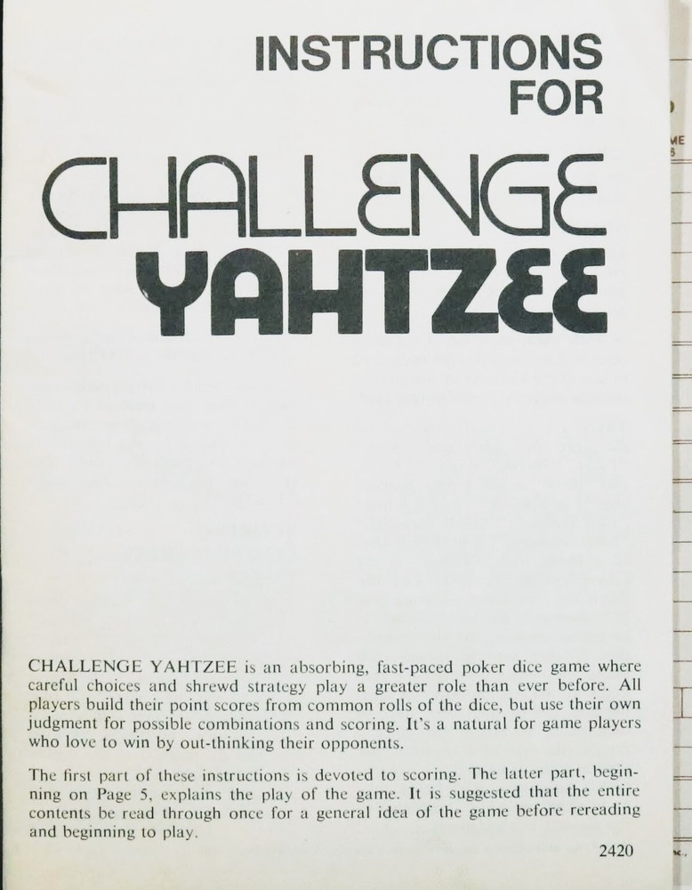 1974 Game Challenge Yatzee The Odd Couple