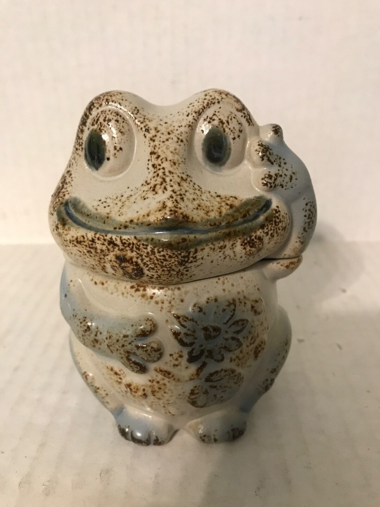 TAN AND BROWN GLAZED POTTERY FROG SHAPED JAR