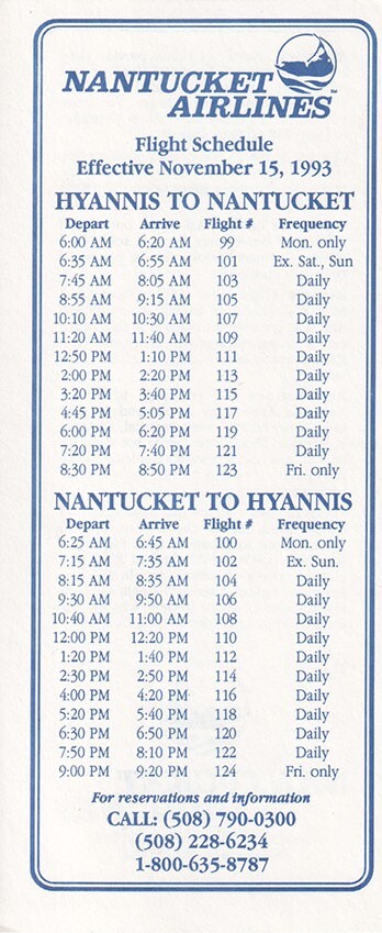 Nantucket Airlines timetable 1993/11/15