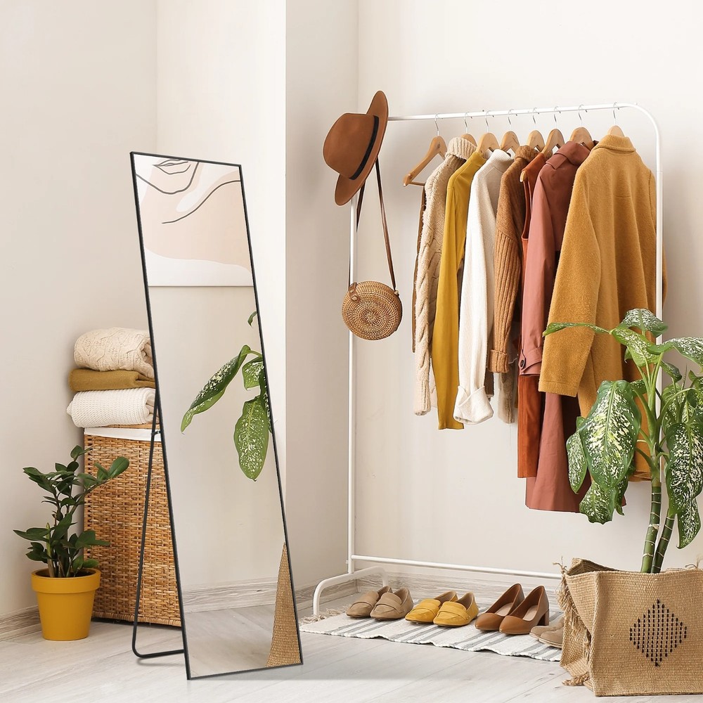 59"x16" Rectangle Full Length Mirror, Black Free Standing Floor Mirror