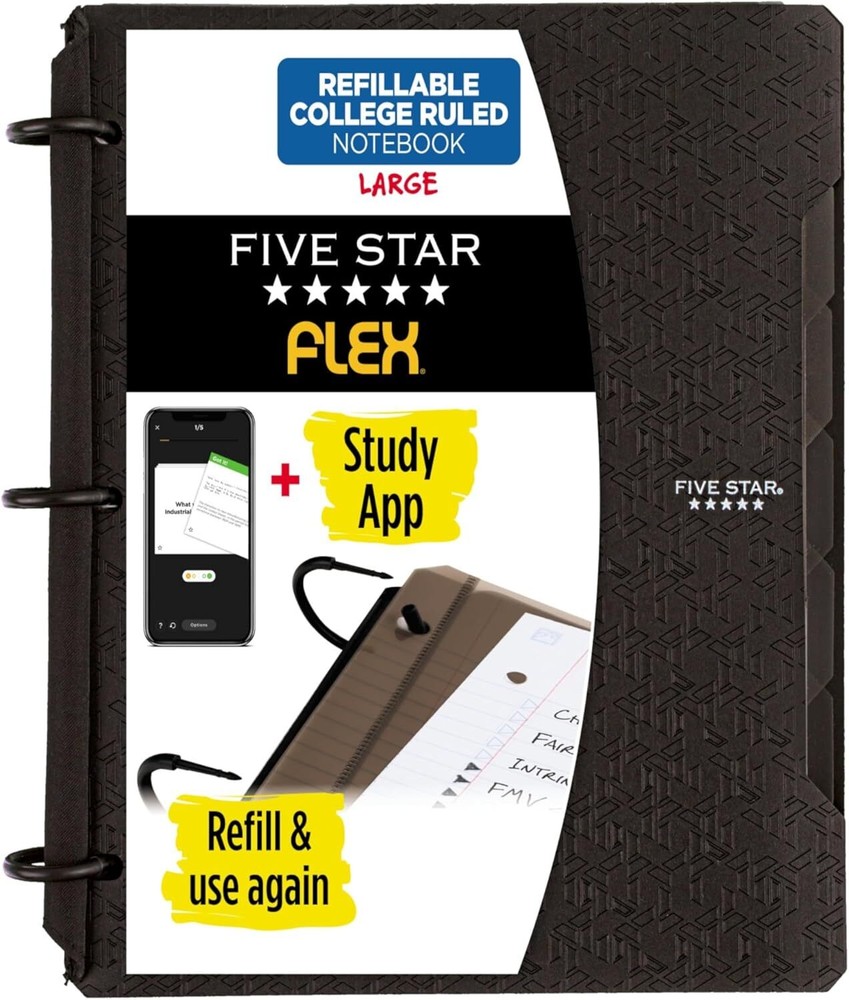 Five Star Flex Refillable Notebook + Study App, College 8 1/2" x 11", Black