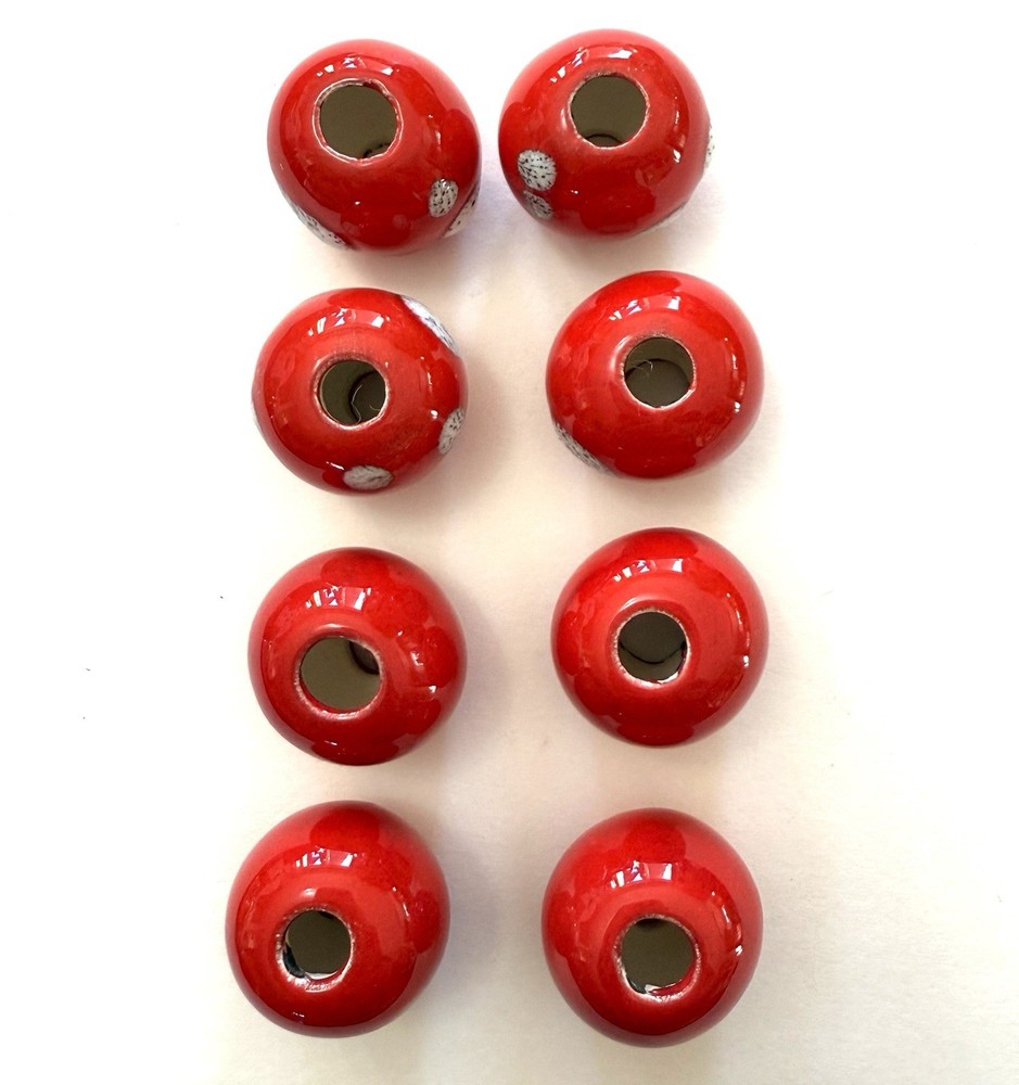 Vintage Macrame Beads Glazed Ceramic Red Solid & Dotted Lot Of 8