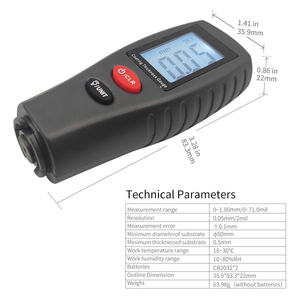 Portable Paint Thickness Tester for Automotive Use with Data Hold Function