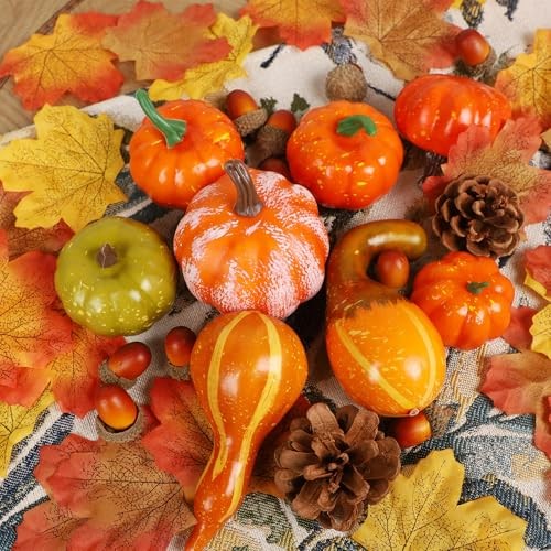 50pcs Fall Pumpkins Decor Set, Mini Artificial Gourd Fall Leaves style 1