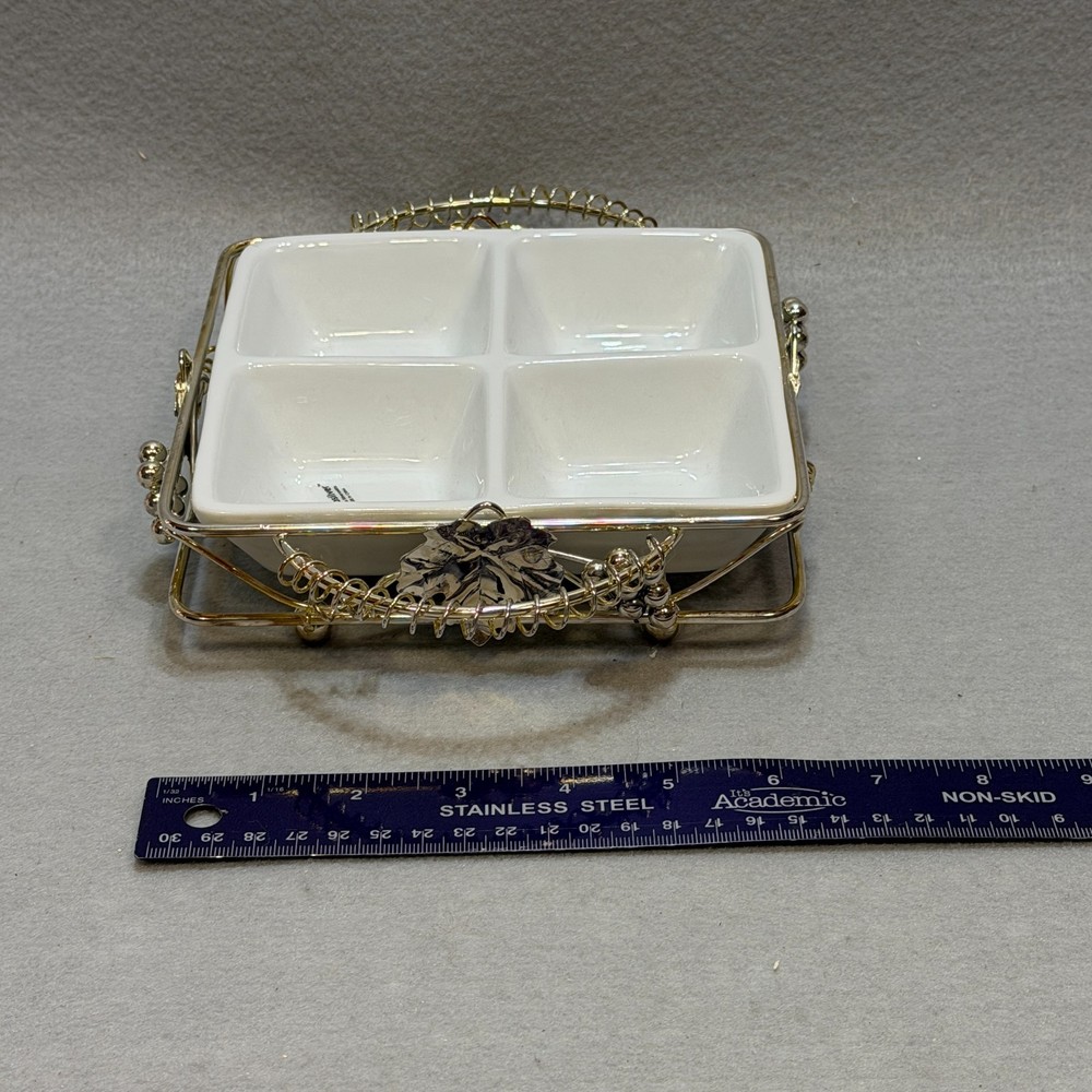 STUDIOSILVER Vintage Divided Ceramic Appetizer Dish Silver Metal Holder