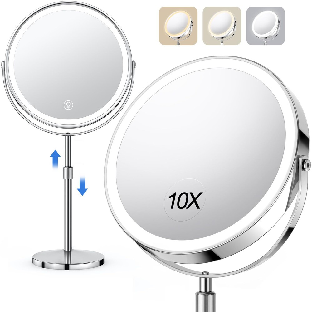 10x Large Lighted Makeup Mirror Height Adjustable Vanity Mirror with 3 Color