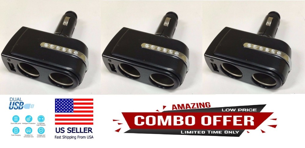3x Cigarette Lighter 2 Socket USB Charger Splitter 12V Outlet Power Car Auto Lot