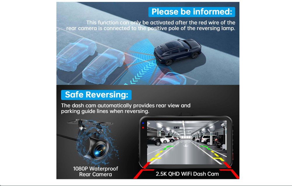 Dash Camera Front and Rear W/ WiFi/APP Control Dual for Cars