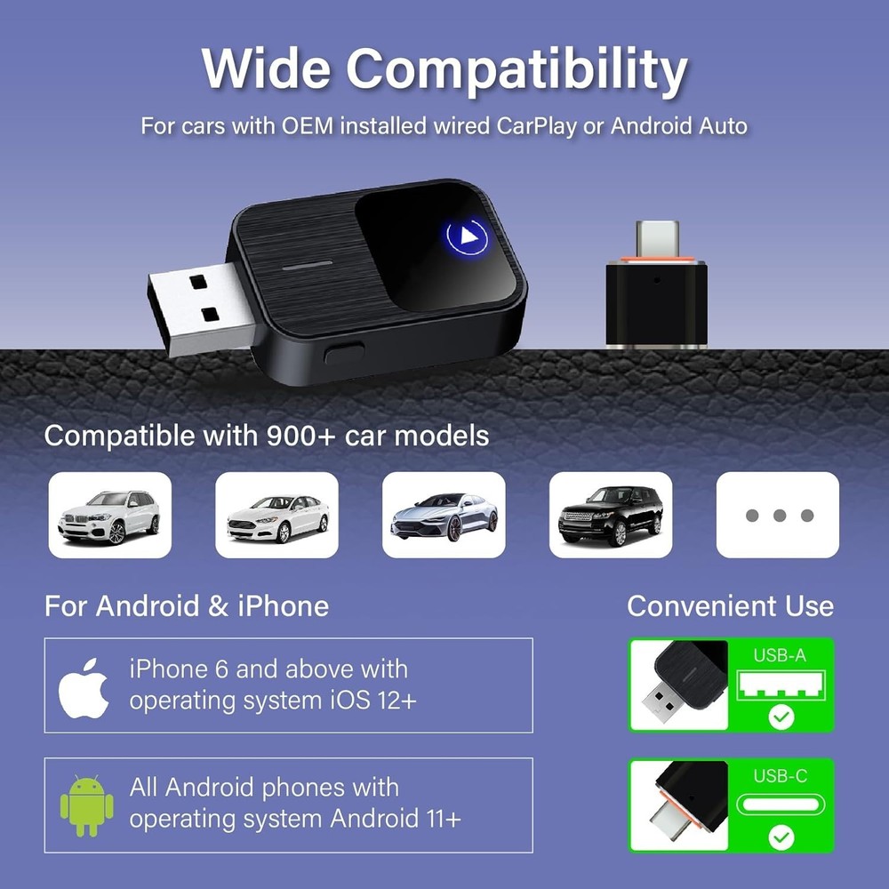 2026 Upgraded Wireless CarPlay Adapter for iPhone & Android Auto