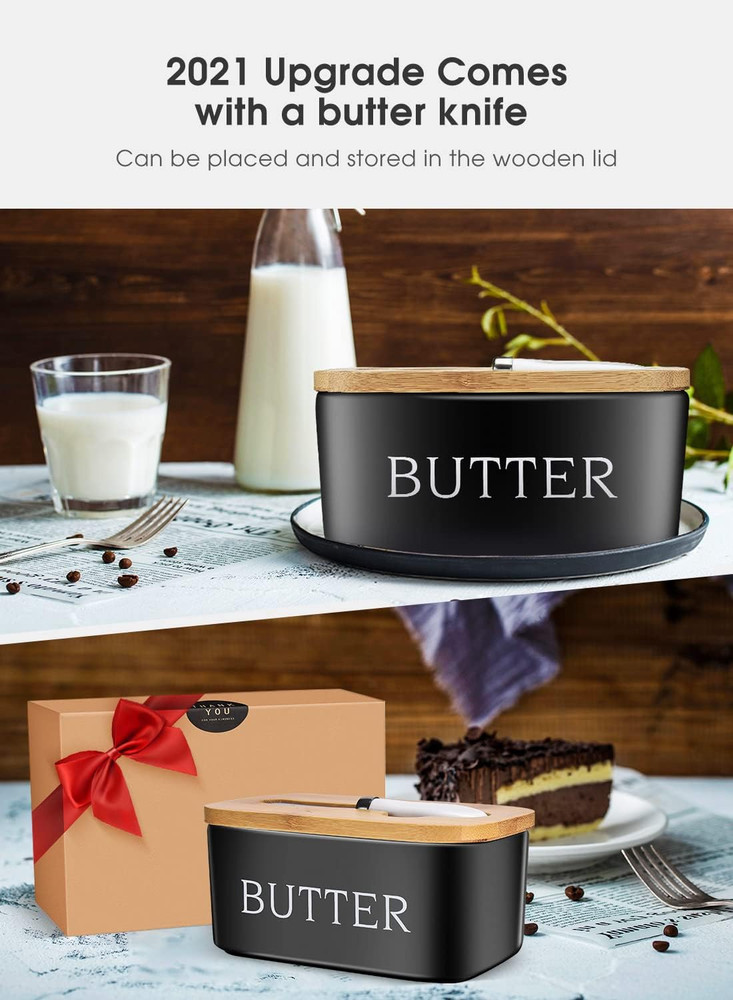 Ceramic Butter Dish with Lid, Large Butter Keeper Container Kitchen Decor Black