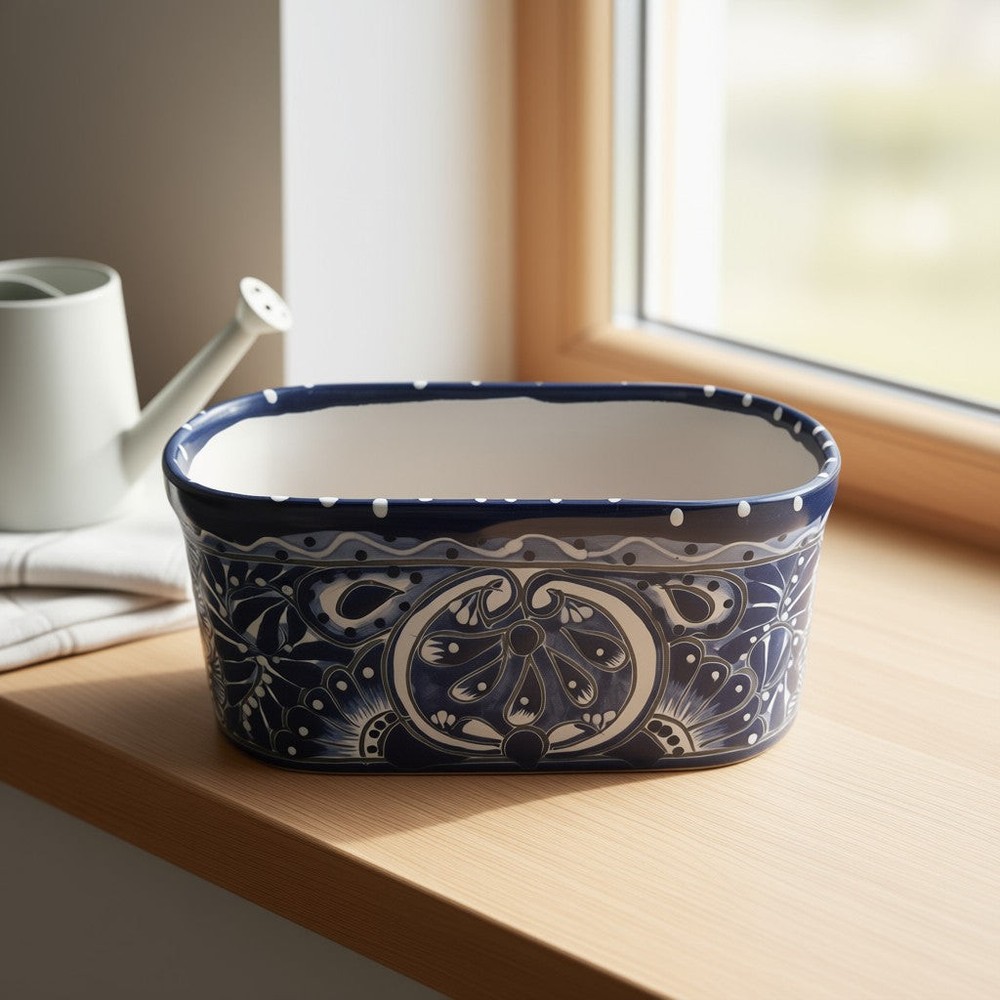 Blue & White Oval Talavera Planter | Mexican Ceramic Accent