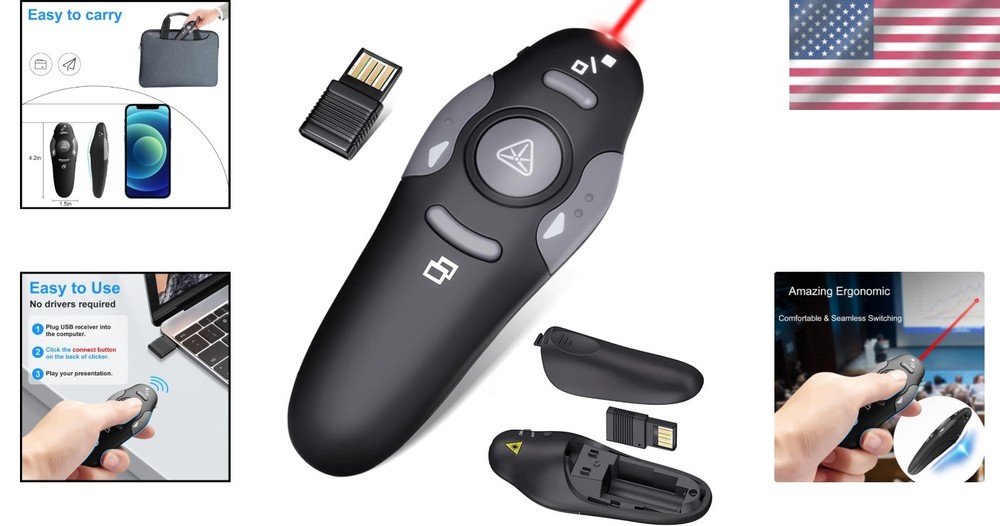 Ergonomic Wireless Presentation Clicker with Laser Pointer - USB Remote for M...