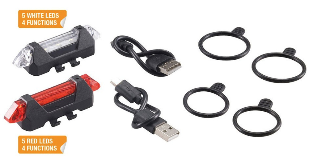 LED front rear lights 4 functions USB charging batteries for bicycles